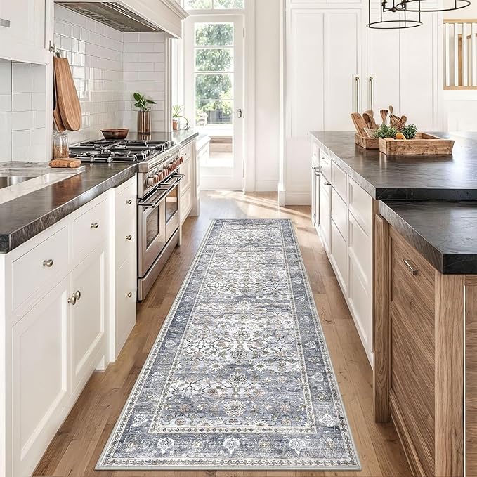 KUTA Vintage Washable Runner Rug, 2.6x8 Grey Blue Runners for Hallways Non-Slip Kitchen Rugs Ultra Thin Soft Printed Distressed Oriental Floral Floor Carpet for Laundry Bedroom Living Room Nursery