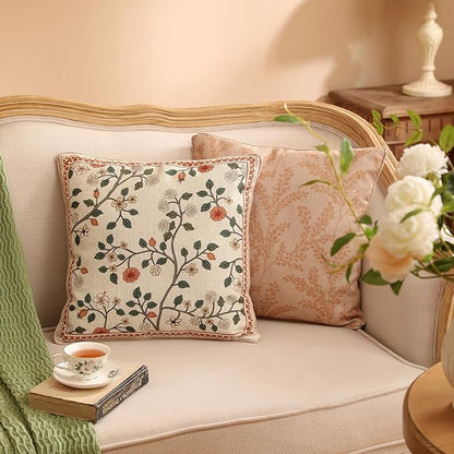 ISAENNE Design Linen Classic Throw Pillow Covers 18"x18" Pack of 2, French Farmhouse Square Cushion Covers with Orange White Floral Pattern Decoration Pillowcases for Bed,Living Room,Outdoor,Car