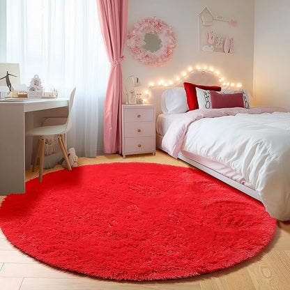 ONASAR Red Round Area Rug 4x4, Soft Bedroom Circle Rugs Floor Mat for Kids Girls Teen Room, Kawaii Fluffy Plush Shaggy Carpet for Nursery Living Room Playroom Christmas Home Decor Princess Castle