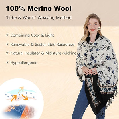 DANA XU 100% Merino Wool Pashmina Shawl for Women 96"x43", Oversized Cashmere Wrap with Tassels, Floral Travel Blanket Cape