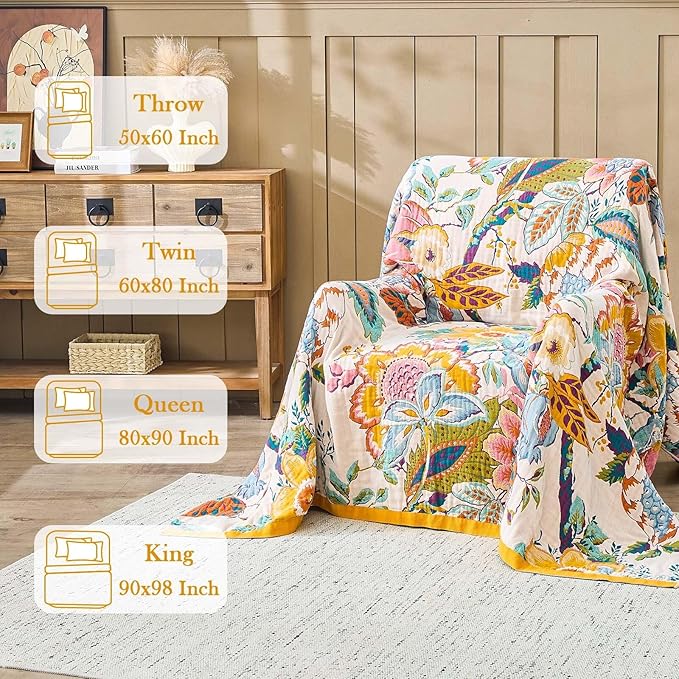 Farmhouse Throw Blanket, 80"x 98" Boho Throw Blankets for Couch Cover, 100% Cotton Bohemian Vintage Quilt for All Seasons Reversible Florals Lightweight Picnic Blankets Home Decoration