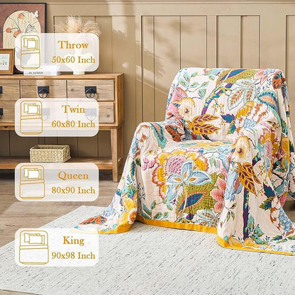 Farmhouse Throw Blanket, 50"x 60" Boho Throw Blankets for Couch Cover, 100% Cotton Bohemian Vintage Quilt for All Seasons Reversible Florals Lightweight Picnic Blankets Home Decoration