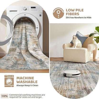 Area Rug for Living Room: 10x14 Washable Neutral Abstract Modern Soft Rugs Non Slip Indoor Floor Stain Resistant Large Carpet for Bedroom Dining Room Office Nursery - Blue Brown