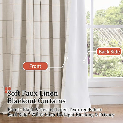 Linen Blackout Curtains for Living Room - Boho Plaid Pattern Thermal Insulated Grommet Cottage Core Window Treatments Rustic Drapes for Farmhouse, 52x84 Inch 2 Panels, Natural