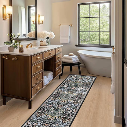 Runner Rug for Entryway: 2x6 Kitchen Rugs Non Slip Washable Ultra-Thin Soft Floral Carpet Indoor Stain Resistant Carpets for Hallway Bedroom Kitchen Laundry Bathroom Dorm Dark Black