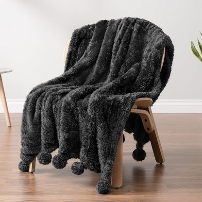 Pavilia Sherpa Throw Blanket - Warm Plush Fuzzy Pom Pom Blanket for Couch, Bed, Twin Size, Black - 60x80