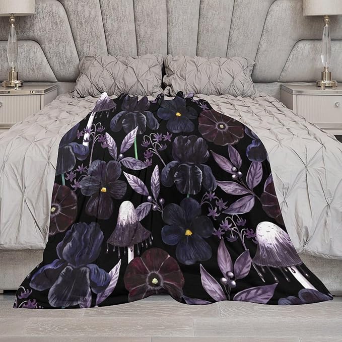 Gothic Floral Blanket, Vintage Abstract Black Purple Peony Flowers Mushroom Print Throw Blanket for Room Bedding Couch Decor Soft Lightweight Warm Cozy, 60"x80"
