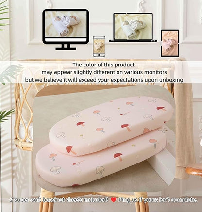 SDY Jersey Mushroom Bassinet Sheets for Baby Girls,32 "x 16 "x 4",2 Pack,Pink Cute Kawaii Standard Oval/Retangle Bassinet Mattress Sheets for Toddler,Super Soft Breathable