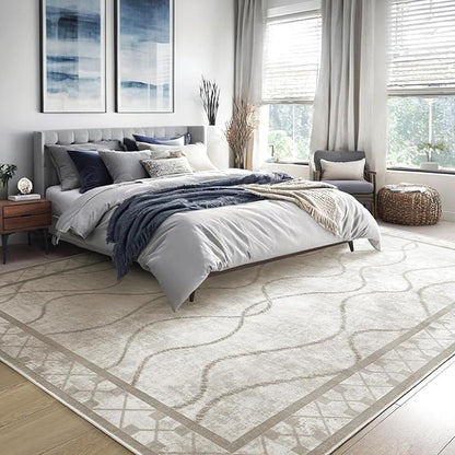 Area Rugs 6x9 Washable Rug, Non-Slip Rugs for Living Room, Low Pile Bordered Rugs Alfombras, Large Print Rubber Backing Indoor Carpet for Home Decor Bedroom Nursery Dining Room, Beige