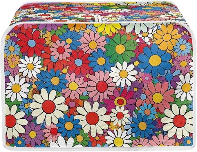Daisy Flowers Printed Toaster Cover 2 Slice Wide Slot, Washable Kitchen Appliance Small Oven Bakeware Protector, Bread Maker Cover Dust and Fingerprint Protection