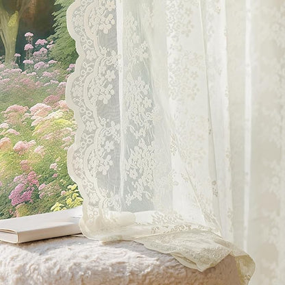 Anmao Vintage Lace Curtains 84 Inches Long 2 Panels Set, Romantic Elegant Light Filtering Semi Sheer Floral Thick Lacy Curtain Drapes for Living Room and Bedroom, Each Panel 55W x 84L, Ivory