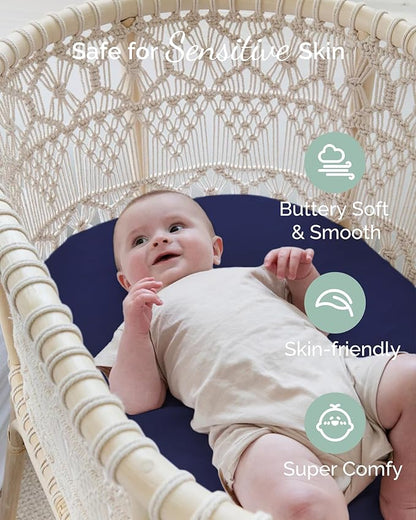 Bassinet Fitted Sheets Compatible with 4moms Breeze Plus Bassinet Model 1045 - Buttery Soft, Silky Comfort, Premium Stretchy Jersey Knit Bassinet Sheets - Navy + Grey + Cloud, 3 Pack