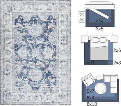 jinchan Fiora 6x9 Area Rug for Living Room Washable Soft Throw Rug Ultra-Thin Stain Resistant Non-Slip Distressed Vintage Floral Large Carpet for Bedroom, Home Office, Nursery(6x9ft, Dark Blue)