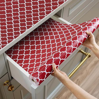 Shelf and Drawer Liner for Kitchen Cabinets Non-Adhesive, Strong Grip Non-Slip Thickened Cabinet Liners for Shelves, Waterproof Mats for Dresser Cupboard, Red/White, 12 in x 30 Feet