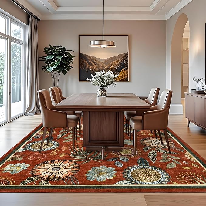 Garveehome 10x14 Floral Washable Area Rug: Large Living Room Area Rug with Non-Slip Backing Washable Ultra Soft Bedroom Floral Carpet Indoor Stain Resistant Carpet for Dining Room 10*14 ft Brick Red