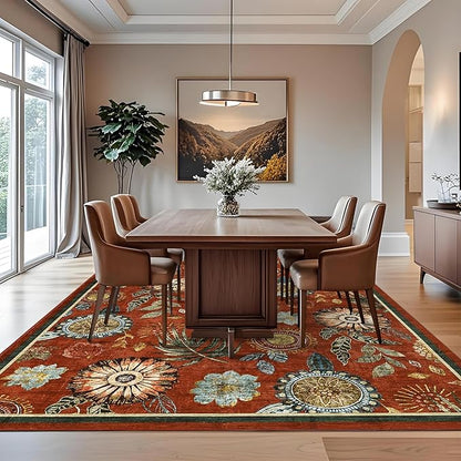 GarveeHome 9x12 Floral Washable Area Rug: Large Living Room Area Rug with Non-Slip Backing Washable Ultra Soft Bedroom Floral Carpet Indoor Stain Resistant Carpet for Dining Room 9 * 12 ft Brick Red