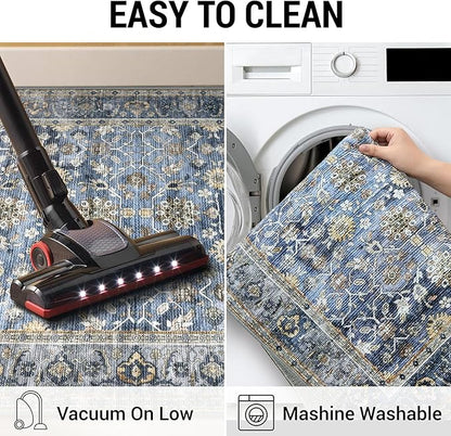 KUTA Vintage Washable Runner Rug, 2x7 Blue Grey Beige Runners for Hallways Non-Slip Kitchen Rugs Ultra Thin Soft Printed Distressed Oriental Floral Floor Carpet for Laundry Bedroom Living Room