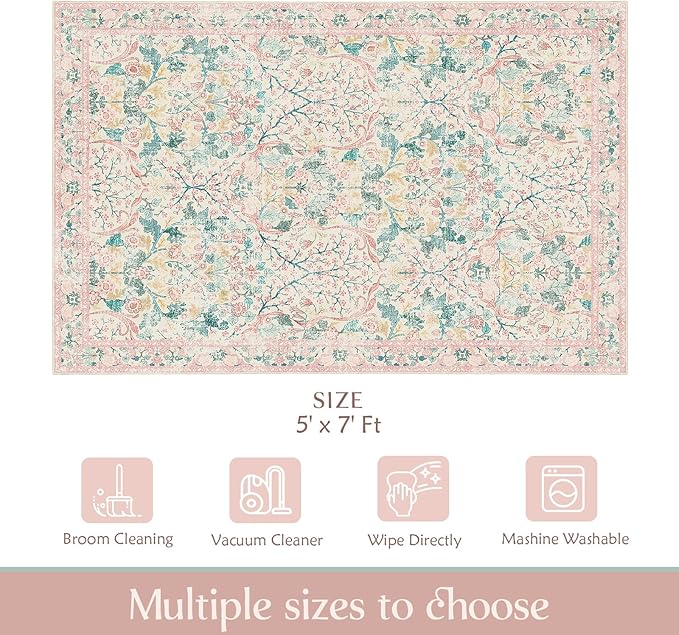 MUJOO Pink 5x7 Area Rugs,Floral Washable Rug for Living Room Bedroom Office Dining Room,Large Throw Carpet,Boho Non Slip Indoor Floor Big Soft Botanical Vintage Ultra-Thin