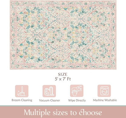 MUJOO Pink 5x7 Area Rugs,Floral Washable Rug for Living Room Bedroom Office Dining Room,Large Throw Carpet,Boho Non Slip Indoor Floor Big Soft Botanical Vintage Ultra-Thin