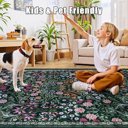 Runner Rug for Entryway: 2x6 Kitchen Rugs Non Slip Washable Ultra-Thin Soft Floral Carpet Indoor Floor Stain Resistant Carpets for Hallway Bedroom Kitchen Laundry Bathroom Dorm Dark Green