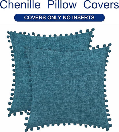 CaliTime Throw Pillow Covers Decorative 22 X 22 Inches Pack of 2 Cozy Solid Dyed Soft Chenille Cushion Cases with Pom Poms for Couch Sofa Bed Living Room Home Ocean Blue