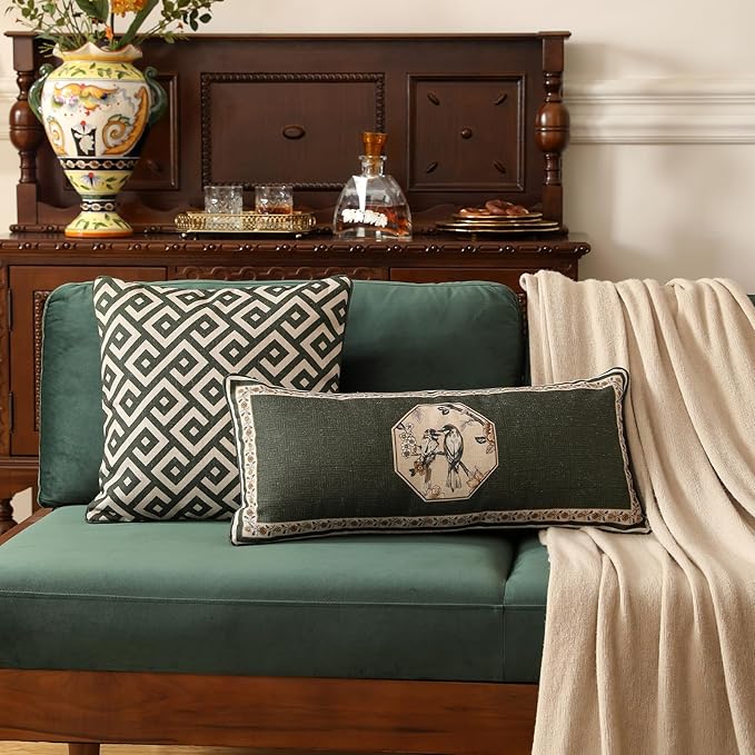ISAENNE Design Linen Classic Vintage Throw Pillow Covers 18"x18", Minimalist Square Cushion Covers with Green Irregular Plaid Pattern Decor Pillowcases for Bed,Living Room,Outdoor,Car