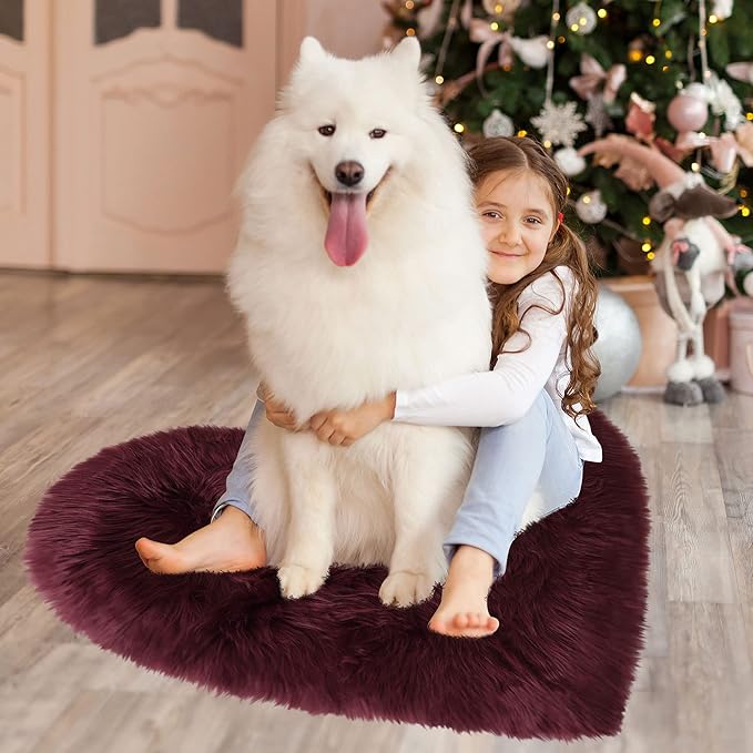uxcell Heart Shaped Rugs for Bedroom,Small Aesthetic Carpet Girls,Cute Shaggy Floor Mirror Mat,Pastel Furry Throw Rug 2.3ftx3ft, Burgundy