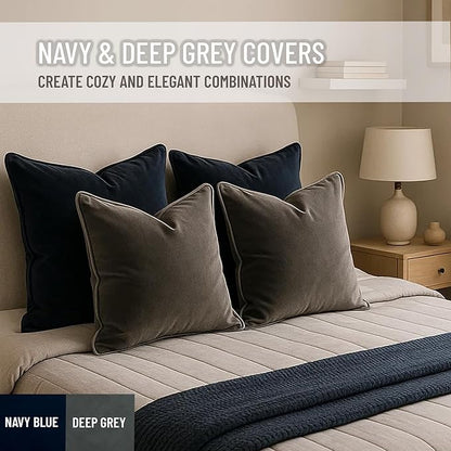 2 Pack Velvet Decorative Throw Pillow Covers, 20"x20", Navy Blue and Grey, Solid, Modern, Contrast Piping, Indoor Use, Bedroom & Living Room
