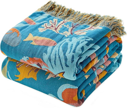 MSGKV Throw Blanket for Bed Cotton Cute Ocean Animals Twin Size Couch Blanket 60"x80" Muslin Breathable All Seasons Lightweight Farmhouse Home Decor