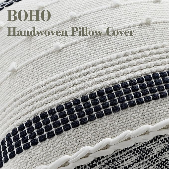 Boho Pillow Cover 18x18 Navy Blue - Handmade Woven Textured Throw Pillow Case with Cordings & Tassels, Decorative Accent for Couch Sofa Farmhouse Living Room Home Decor