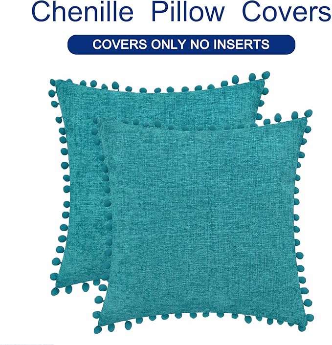 CaliTime Throw Pillow Covers Decorative 20 X 20 Inches Pack of 2 Cozy Solid Dyed Soft Chenille Cushion Cases with Pom Poms for Couch Sofa Bed Living Room Home Lake Blue