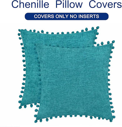 CaliTime Throw Pillow Covers Decorative 20 X 20 Inches Pack of 2 Cozy Solid Dyed Soft Chenille Cushion Cases with Pom Poms for Couch Sofa Bed Living Room Home Lake Blue