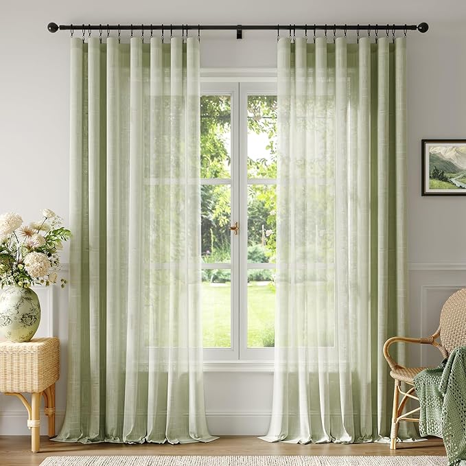 Anmao Natural Linen Curtains for Living Room 108 Inch Length 2 Panels Set, Light Filtering Semi Sheer Window Curtain Drapes for Bedroom with Curtain Rings and Clips, 52 Inch Wide Each Panel, Sage
