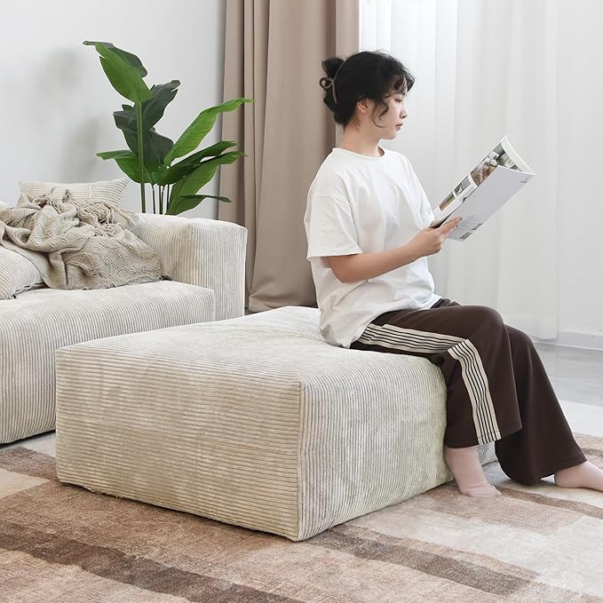 JACH Corduroy Modular Sectional Couch, Oversized Sectional Sofa with Chaise Ottoman, Cushion Covers Removable, Modern Deep 2-Seat Couches for Living Room, Office (Beige)