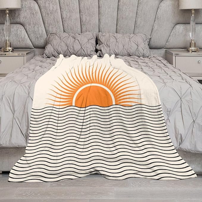 Abstract Sunset Throw Blanket, Boho Mid Century Geometric Minimalist Aesthetic Wave Sunrise Soft Warm Blankets for Couch Bedroom Sofa Office, 30"x40"