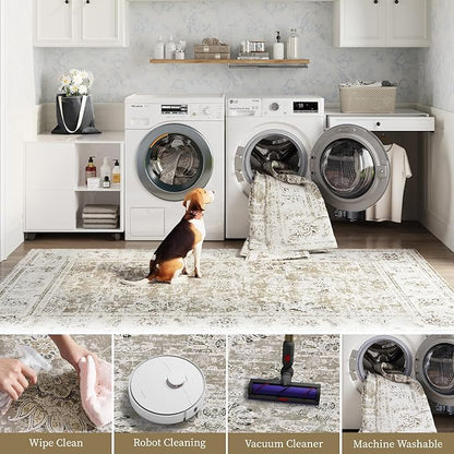 jinchan Fiora Runner Rug 3x8-2pcs Kitchen Washable Vintage Hallway Rug Floral Print Floor Cover Indoor Thin Retro Mat Accent for Bathroom Laundry Room Bedroom Office Farmhouse (Double, Taupe)
