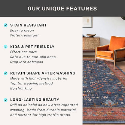 Navy Blue Runner Rug 2x5 for Kitchen, Hallway, Mudroom, Laundry Room, Bathroom, Washable Non Slip Non Skid Rubber Backing Low Pile Stain Resistance