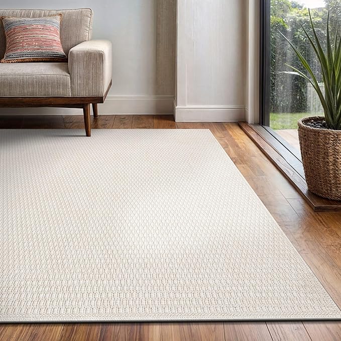 Easy Jute Rug 5x7 Indoor Outdoor Natural Rugs Solid Fiber Rug Woven Area Rug Boho Easy Clean Inside Carpet for Living Room Bedroom Dining Room Hallway or Outdoor Patio Porch (5 X 7 Bone)