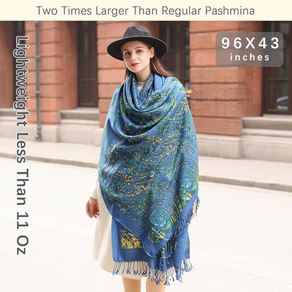 DANA XU 100% Merino Wool Pashmina Shawl for Women 96"x43", Oversized Cashmere Wrap with Tassels, Floral Travel Blanket Cape