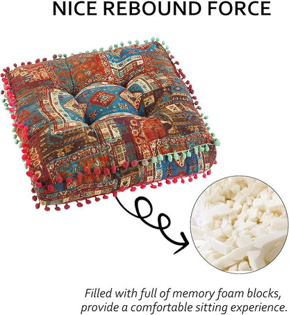 Bohemian Seat Cushion，Indoor & Outdoor 16.5" x 16.5" Seating Cushion for Dinning Chairs, Decorative with Tassels(4Pcs,Blue)