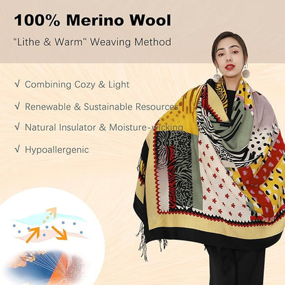 DANA XU 100% Merino Wool Pashmina Shawl for Women 96"x43", Oversized Cashmere Wrap with Tassels, Floral Travel Blanket Cape