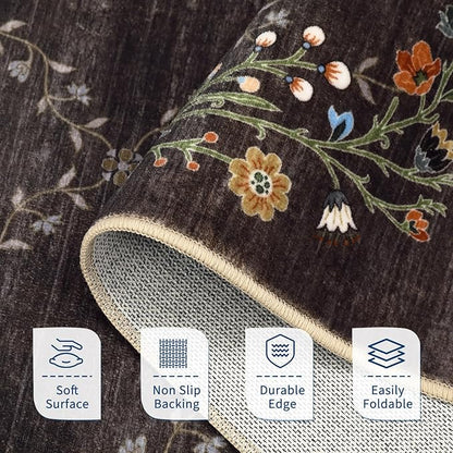 GarveeHome 2x6 Washable Floral Runner Rugs for Hallway: Modern Floral Non Slip Large Runner Rugs for Kitchen, Large Machine Washable Hallways Low Pile Carpet with Non-Slip Backing Brown 2 ft x6 ft.