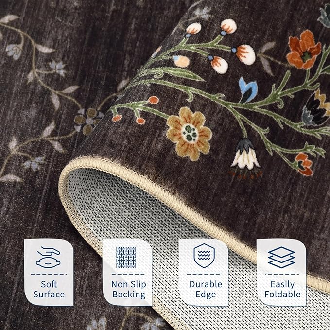 GarveeHome 9x12 Washable Floral Area Rugs for Living Room: Modern Floral Non Slip Large Area Rugs for Bedroom, Large Machine Washable Living Room Low Pile Carpet with Non-Slip Backing Brown 9'x12'.