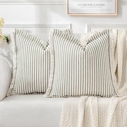 MIULEE Pack of 2 Olive Green Christmas Pillow Covers 26x26 Inch Striped Farmhouse Couch Throw Pillow Covers with Fringe Chic Linen Decorative Cushion Eruo Sham for Sofa Room Bed Outdoor Home Decor