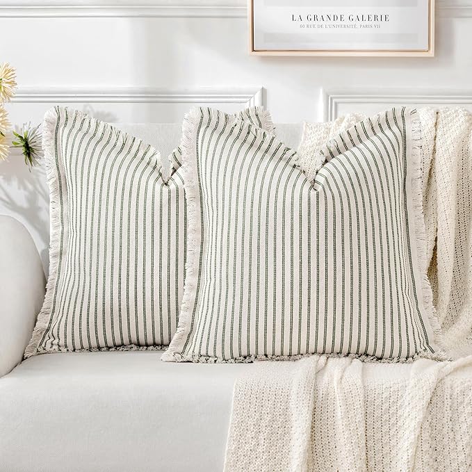 MIULEE Pack of 2 Olive Green Christmas Pillow Covers 20x20 Inch Striped Farmhouse Couch Throw Pillow Covers with Fringe Chic Linen Decorative Cushion Covers for Sofa Living Room Bed Outdoor Home Decor