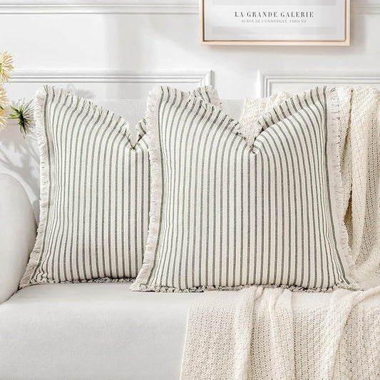 MIULEE Pack of 2 Olive Green Christmas Pillow Covers 20x20 Inch Striped Farmhouse Couch Throw Pillow Covers with Fringe Chic Linen Decorative Cushion Covers for Sofa Living Room Bed Outdoor Home Decor