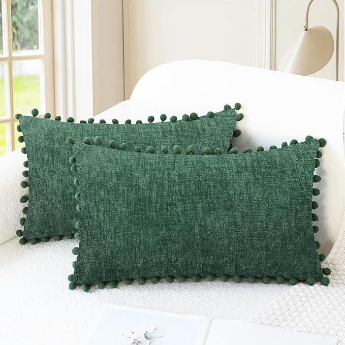 CaliTime Christmas Throw Pillow Covers Decorative 20 X 12 Inches Pack of 2 Cozy Solid Dyed Soft Chenille Cushion Cases with Pom Poms for Couch Sofa Bed Living Room Home Dark Green