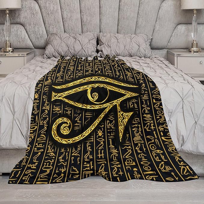 Ancient Egyptian Blanket, Egyptian Eye of Horus Ancient Culture Golden Egyptian Hieroglyphs Alphabet Print Blankets for Couch Sofa Bed Boys Mens, 50"x60"