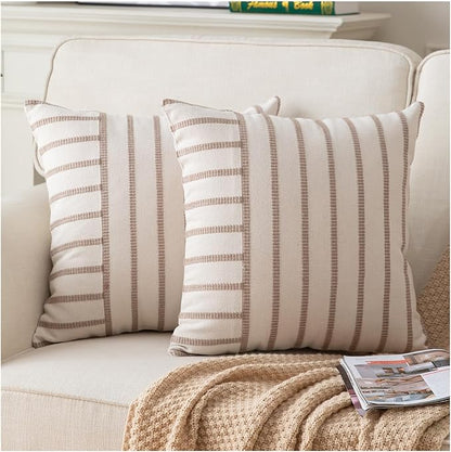 Caflife Boho Throw Pillow Covers 18x18 Set of 2 Soft Farmhouse Decorative Couch Pillow Cases Beige Striped Pillow Covers Neutral Cushion Covers for Sofa Bed Living Room Home Decor