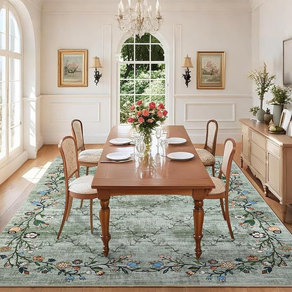 GarveeHome 8x10 Washable Floral Area Rugs for Living Room: Modern Floral Non Slip Large Area Rugs for Bedroom, Large Machine Washable Living Room Low Pile Carpet with Non-Slip Backing Green 8'x10'.